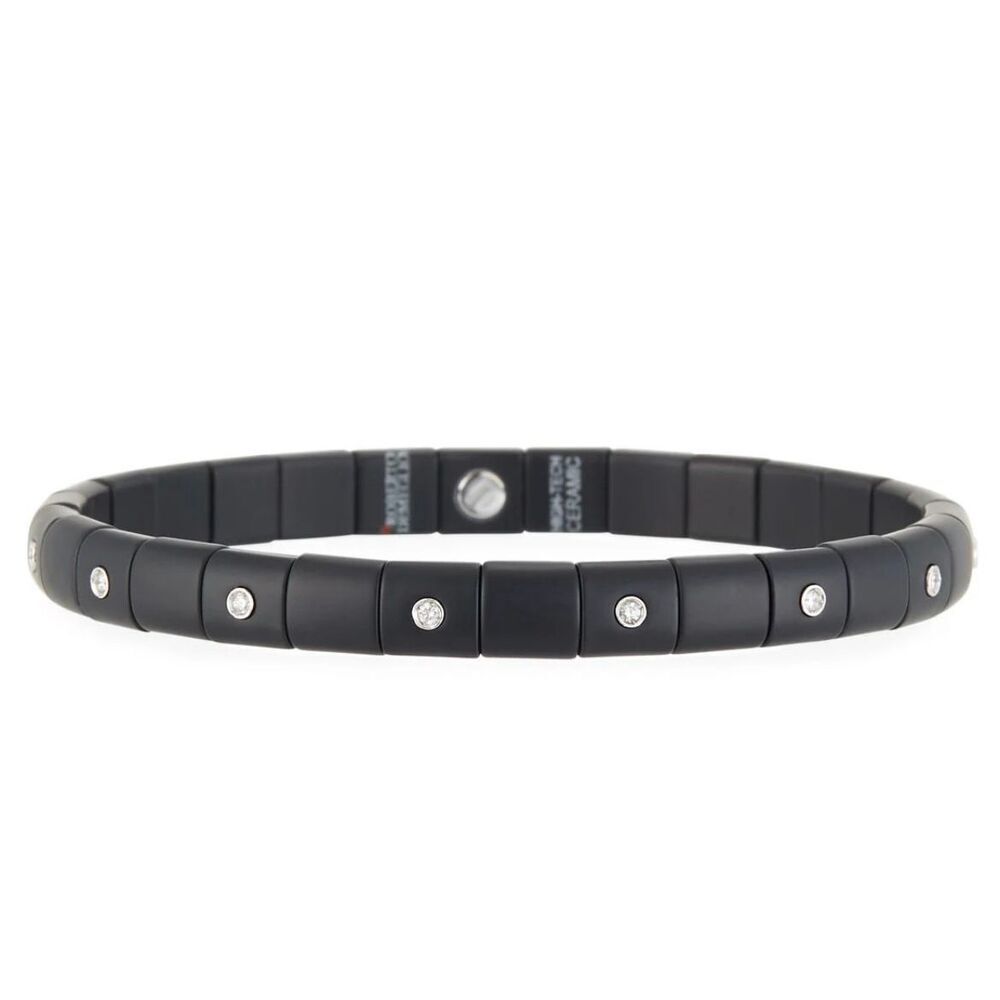 NWOT Roberto Demeglio Pura Matte Black Ceramic Elastic Bracelet Alternating Diam